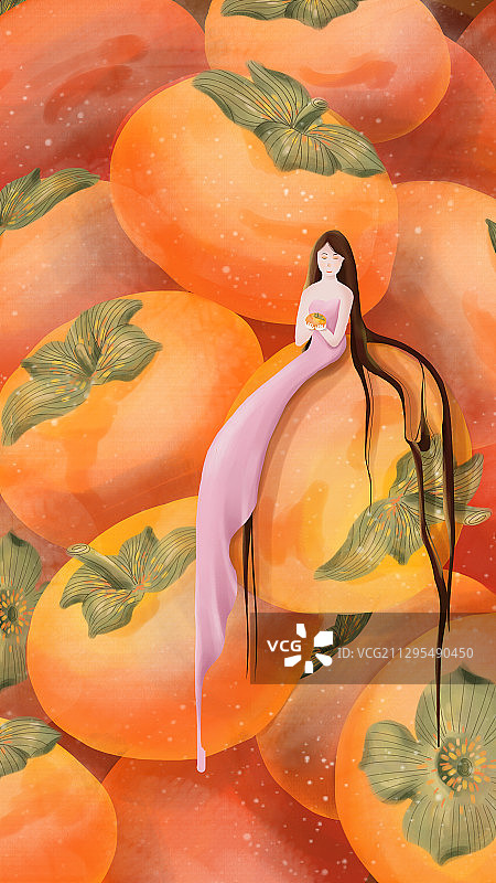 少女坐在多个橙色的柿子堆放上面的插画图片素材