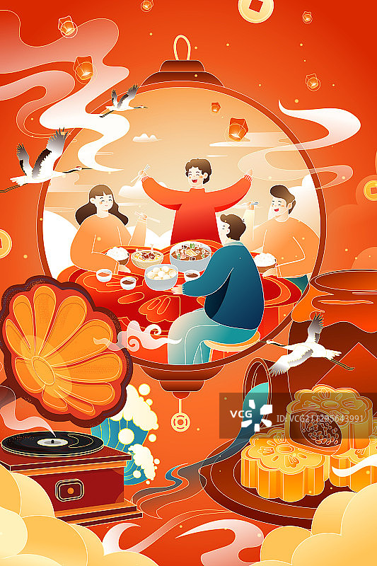 卡通中秋节家人团圆朋友吃饭聚餐美食电商中国风矢量插画图片素材