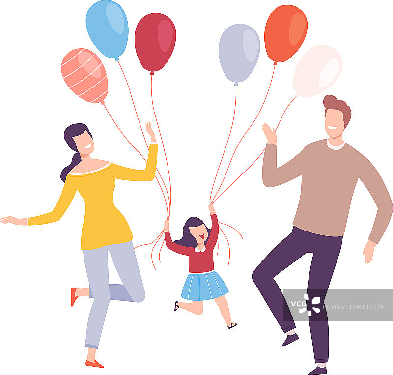 快乐的家庭和彩色气球一起跳跃图片素材