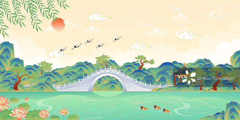 国潮风江苏扬州瘦西湖二十四桥矢量插画图片素材