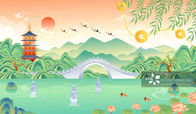 杭州西湖美丽的风景矢量插画图片素材