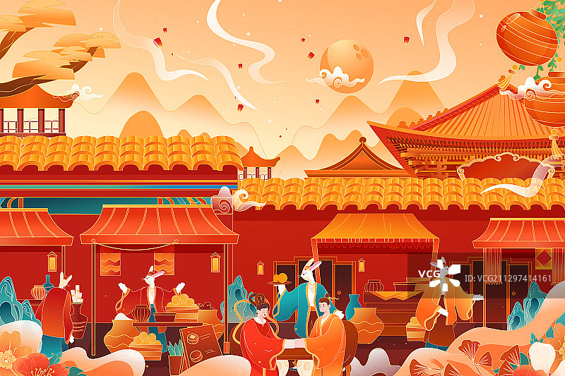卡通中秋节传统节日习俗市集贸易电商促销中国风国潮矢量插画图片素材