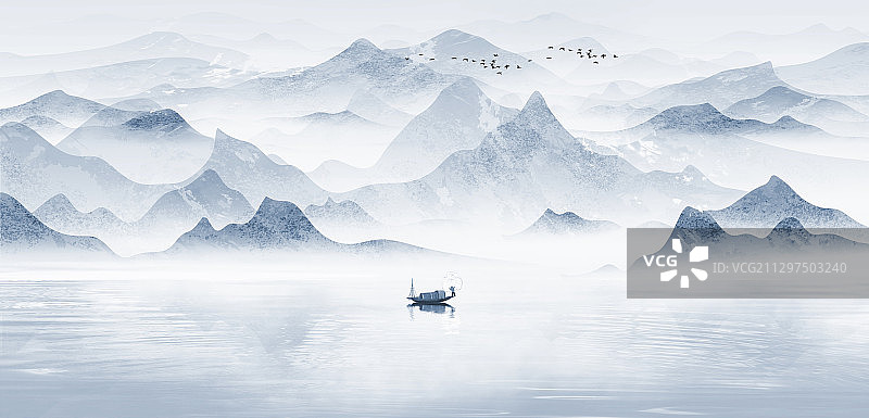 手绘中国风意境蓝色抽象山水风景画图片素材