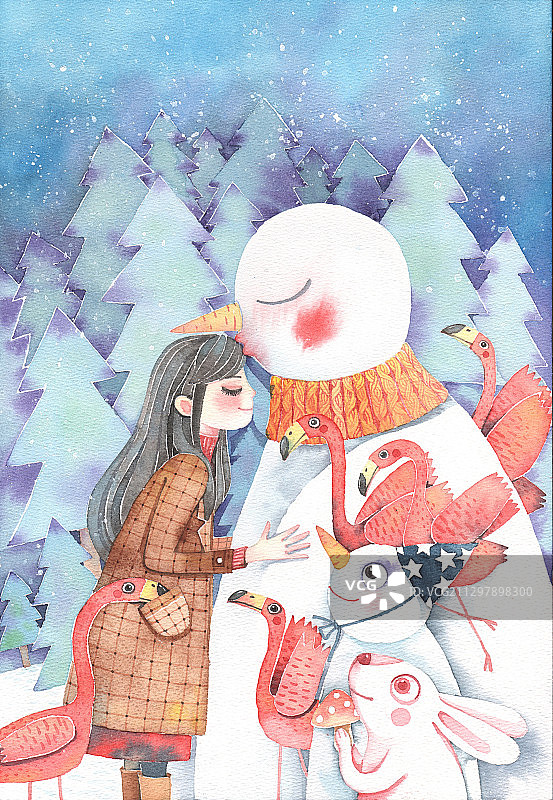 唯美手绘水彩插画系列-女孩和雪人亲吻图片素材