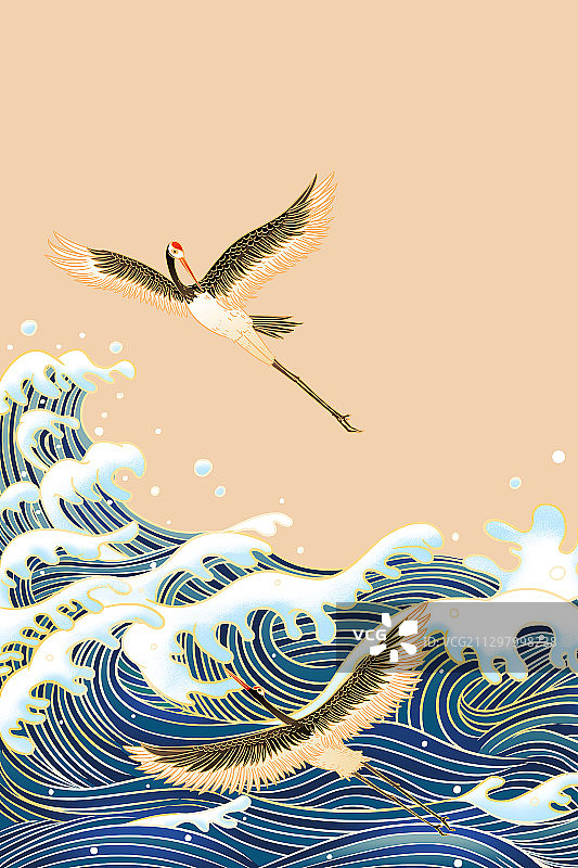 国潮风海浪金鱼纹案插画元素图片素材