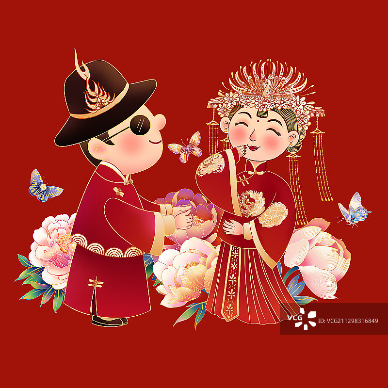国风中式夫妻结婚插画人物图片素材