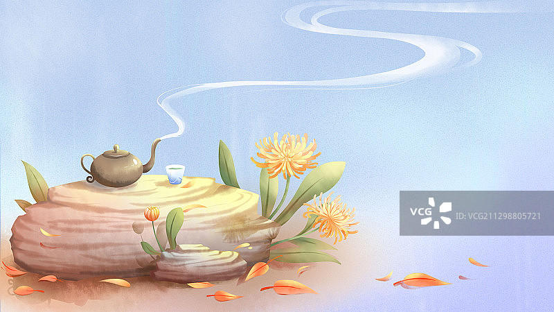 秋天，放在磐石上的茶壶与茶杯，菊花在石头边盛开，唯美水彩插画图片素材