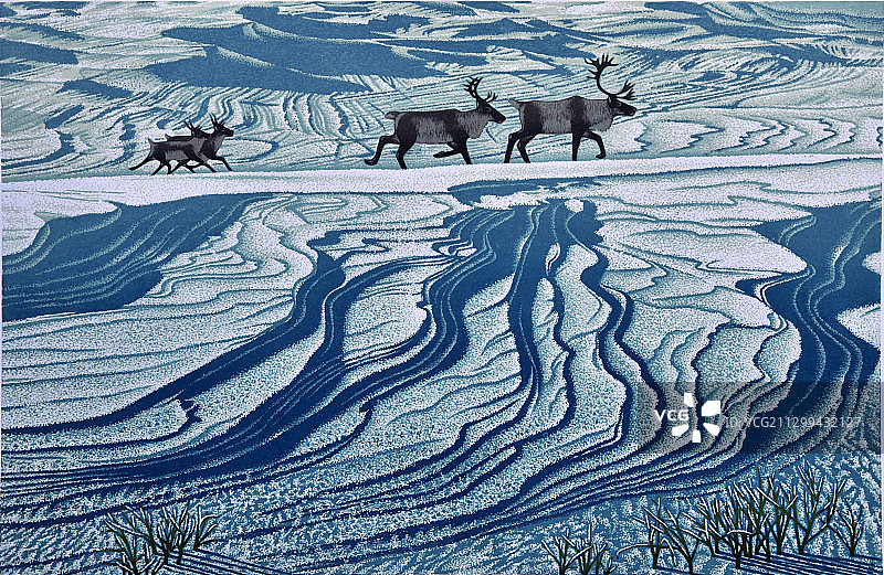 套色木刻版画《雪原逐鹿》图片素材