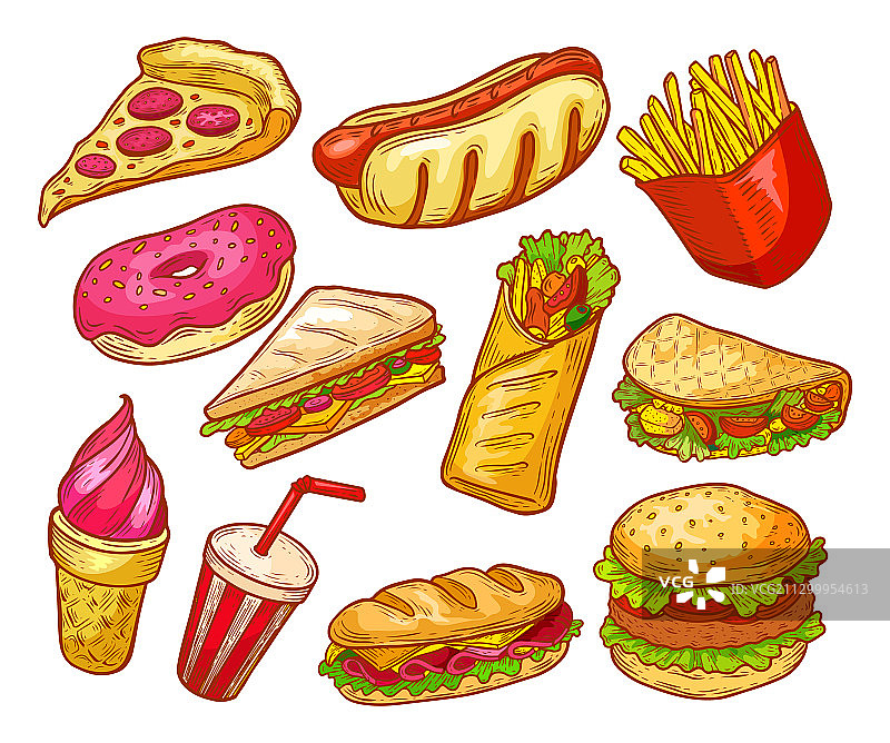 快餐，三明治，汉堡和饮料素描图片素材