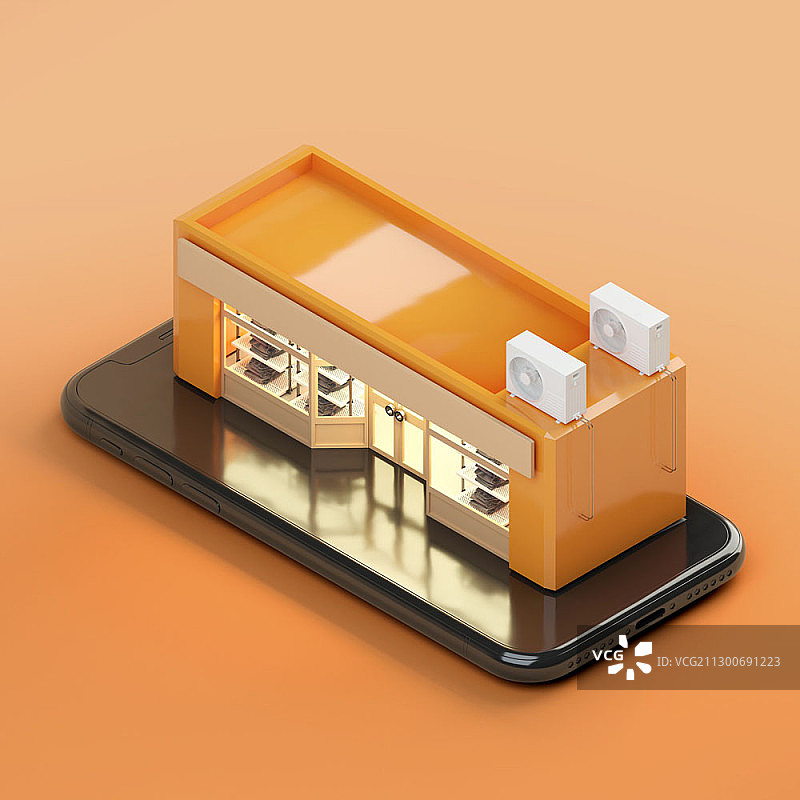 3D插图的橙色商店与灯光放在手机上图片素材