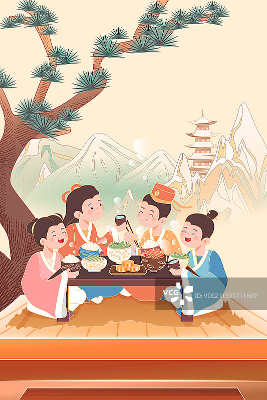 卡通冬至立冬冬季古人家人团圆美食餐饮吃饭聚餐中国风矢量插画图片素材