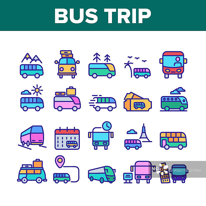 巴士旅行和旅行收集图标集图片素材
