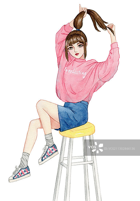 坐在高脚凳上炸头发的少女 水彩手绘插画图片素材