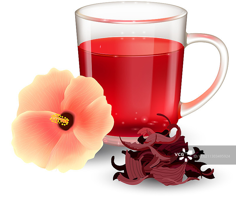 芙蓉茶在玻璃杯中与花隔离图片素材