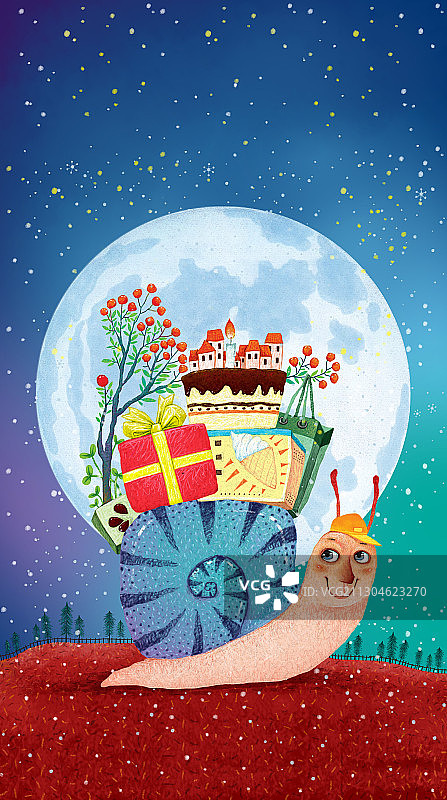 新年元素春节元素插画-蜗牛拖着礼物图片素材