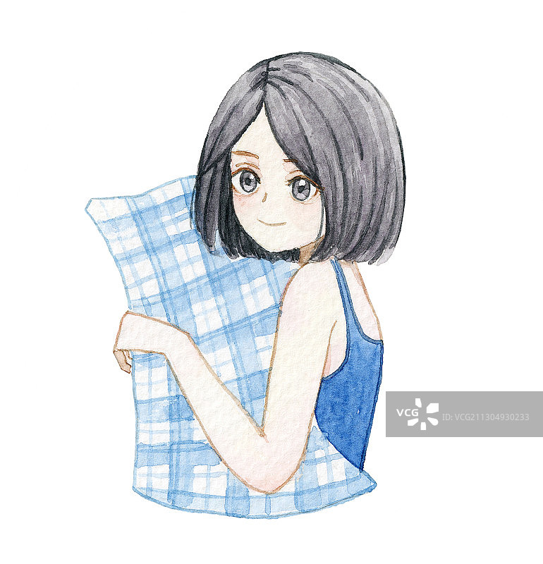 一个抱着抱枕的短发少女 水彩手绘插画图片素材