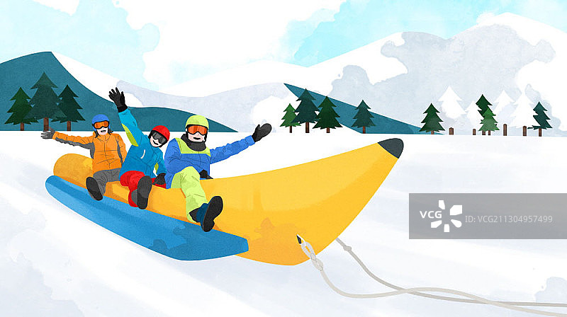 人们在雪中乘坐香蕉船图片素材