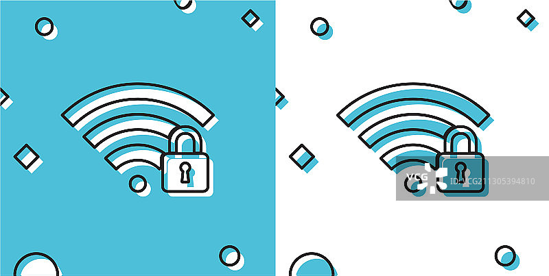 黑色wifi锁定图标隔离在蓝色和白色图片素材