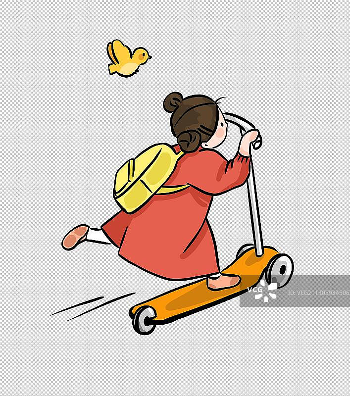 可爱背书包女孩骑脚踏车上学插画图片素材