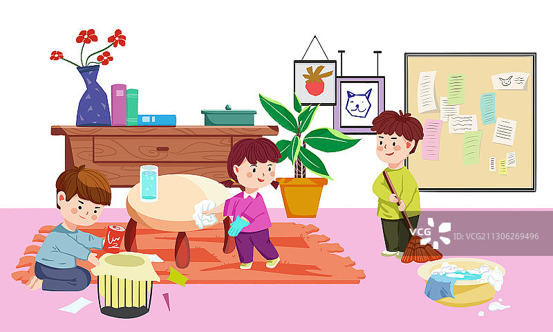 卡通儿童小朋友打扫卫生擦桌子劳动场景插画图片素材