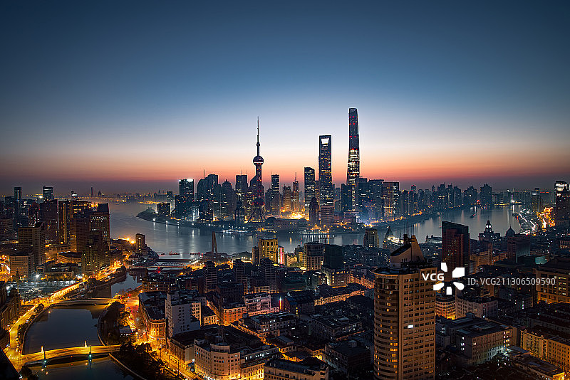 黄昏时上海城市景观的高角度，上海，中国图片素材