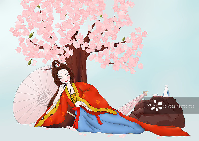 中国风古典美女醉倒在桃花树下插画图片素材