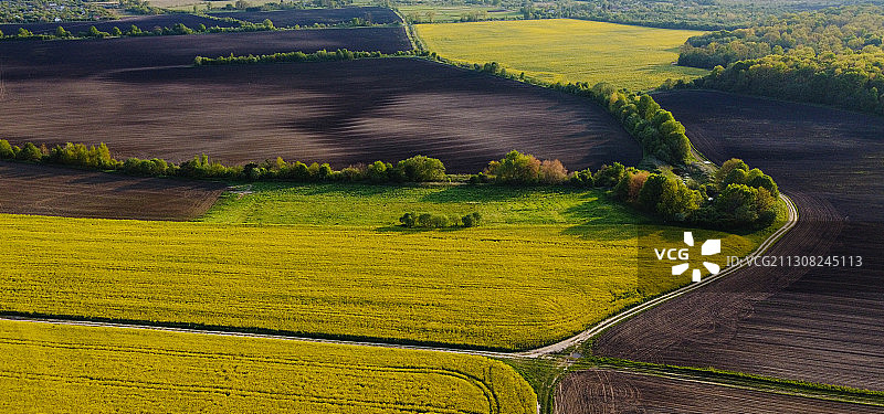 高角度的农田，未命名的路，乌克兰图片素材