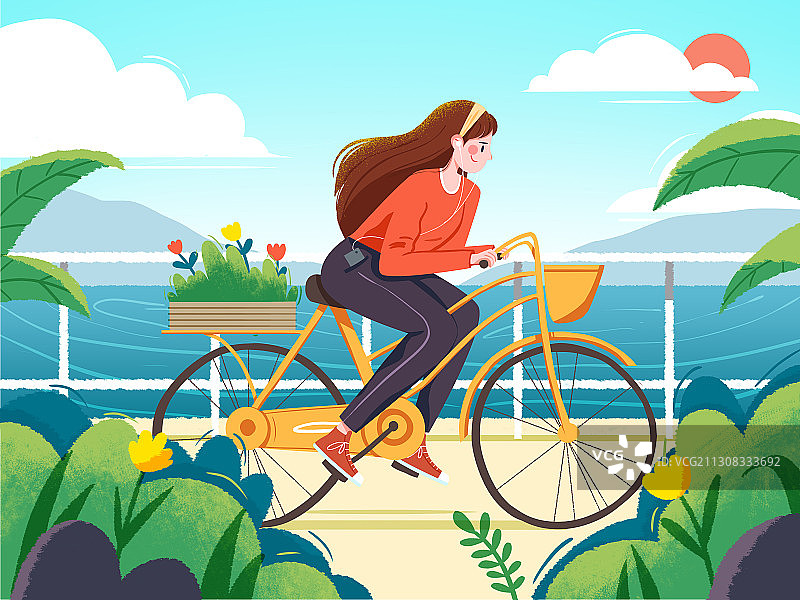 春天女孩在海边骑自行车图片素材