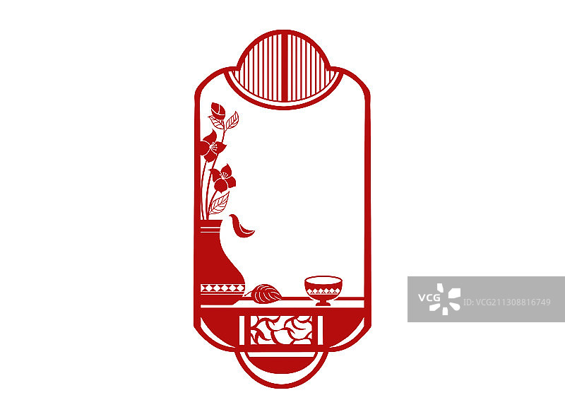 红色剪纸风窗台花瓶中国风边框图案设计插画图片素材