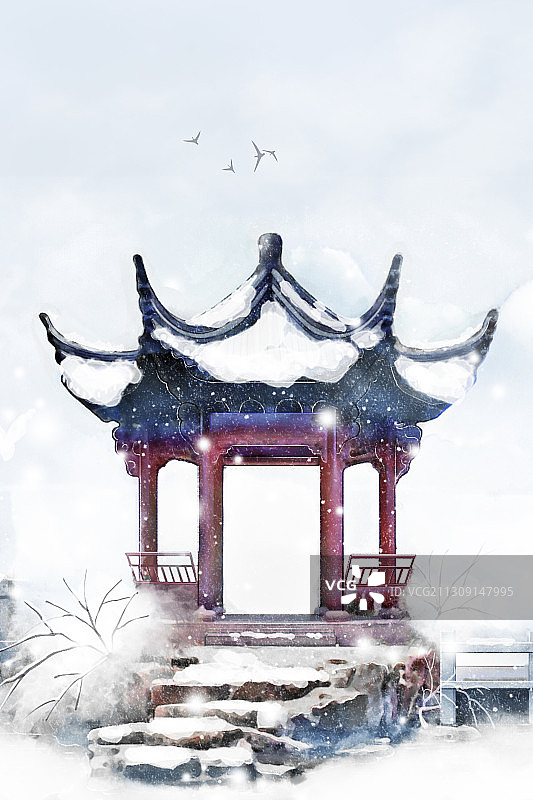 冬天中国风古代建筑亭子远山图片素材