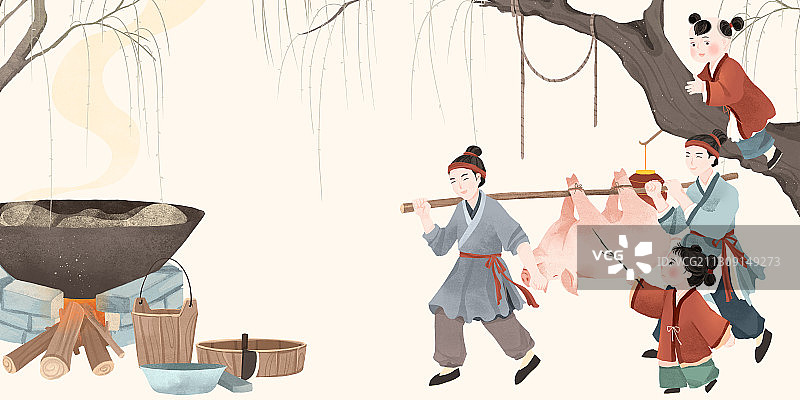 中国古代传统年俗l腊月二十六杀猪割肉插画图片素材
