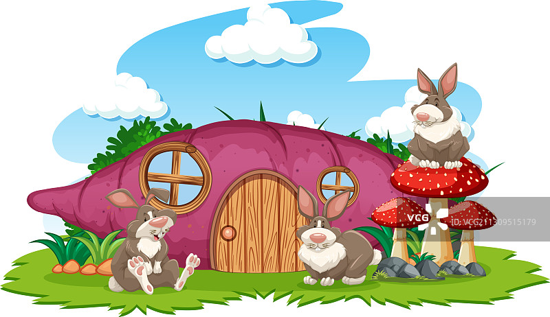 太郎的房子上有三只卡通兔子的样式图片素材