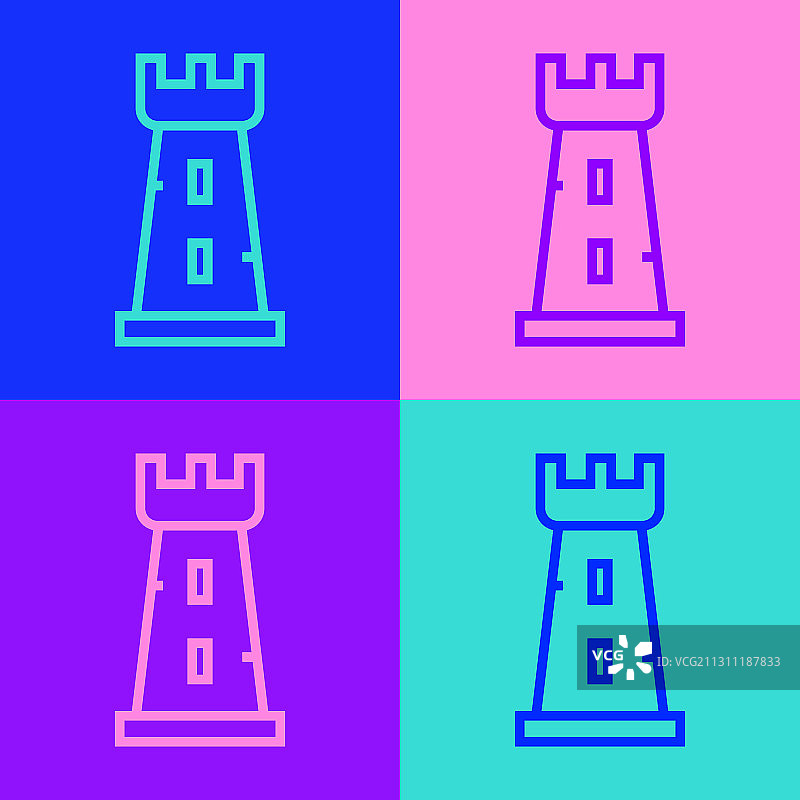 波普艺术线城堡塔图标孤立的颜色图片素材