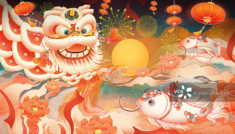 舞狮和锦鲤热闹的新年插画图片素材