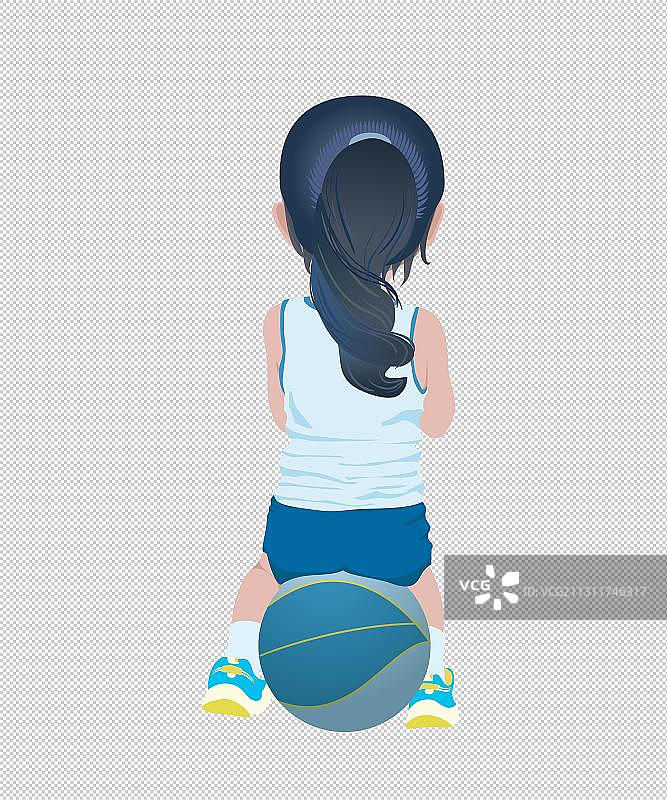 小女孩坐在篮球上背影图片素材