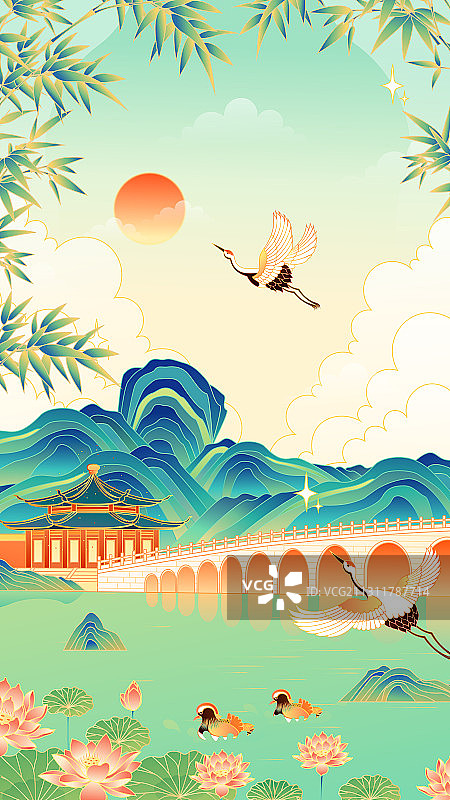 北京颐和园十七孔桥风景矢量插画图片素材