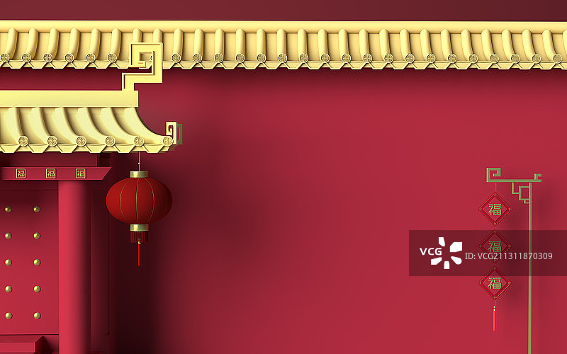 红色中国风宫墙 3D渲染图片素材