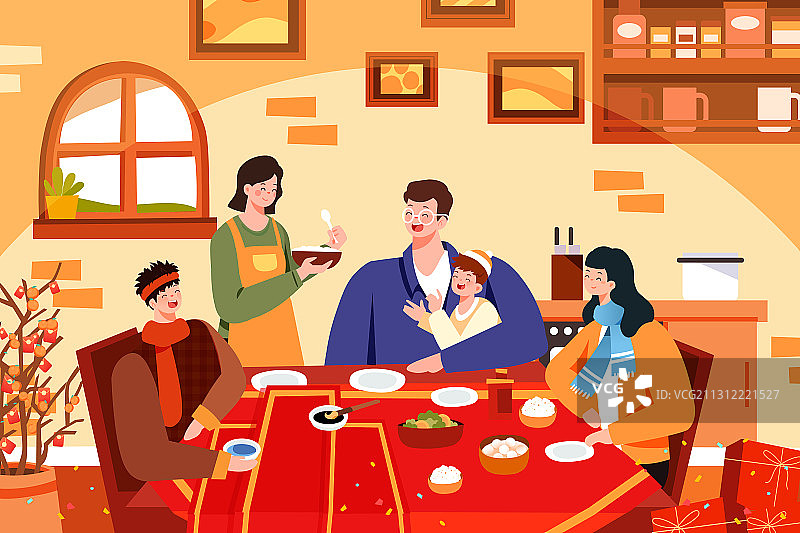 卡通家人亲子团圆年夜饭餐饮新年春节年货节中国风矢量插画图片素材