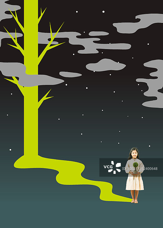 编辑过的女孩在树上拿着花盆的图像和夜空背景图片素材