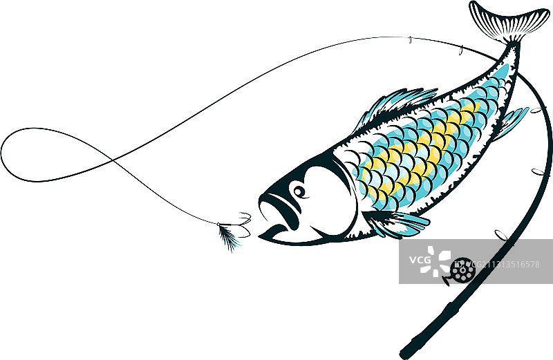 鱼竿上的鱼和鱼饵图片素材