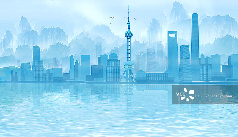 中国风的上海市建筑群插画图片素材