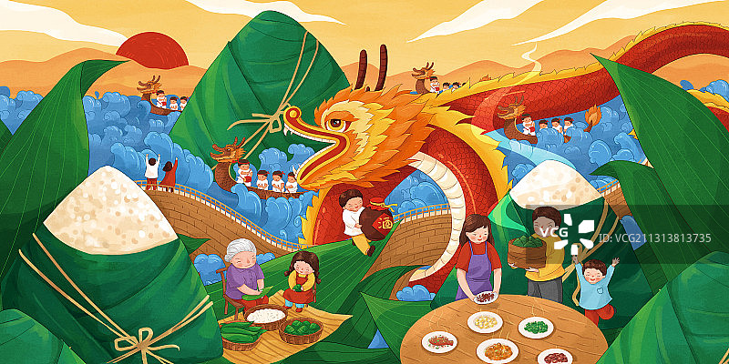 赛龙舟包粽子端午节插画图片素材