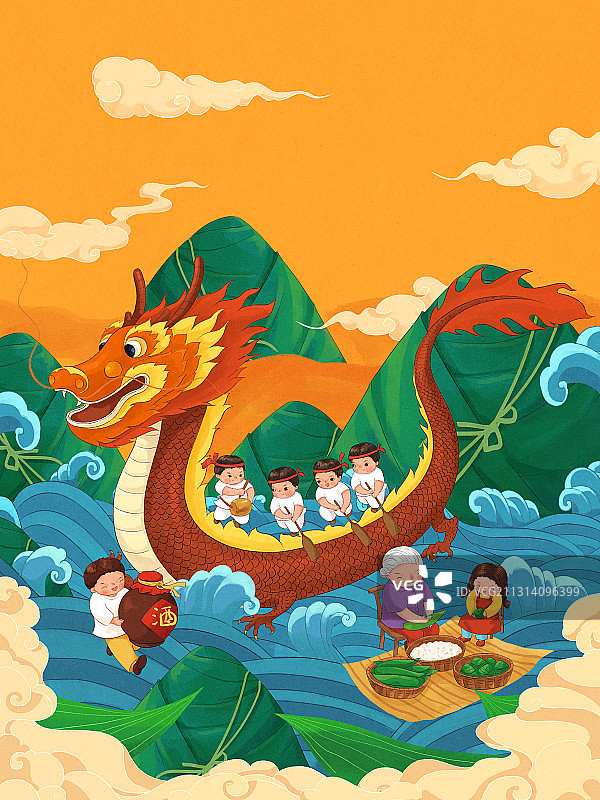 中式端午节粽子龙舟插画竖版图片素材