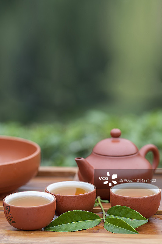 在茶园旁品茗着中国茶壶和茶杯富有禅意图片素材
