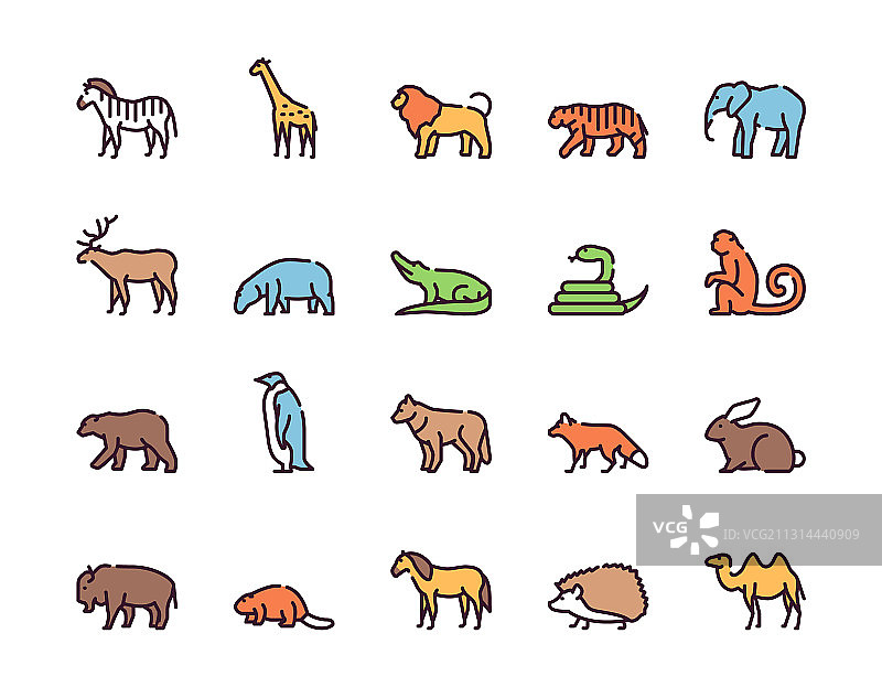 野生动物符号彩色线性图标集图片素材