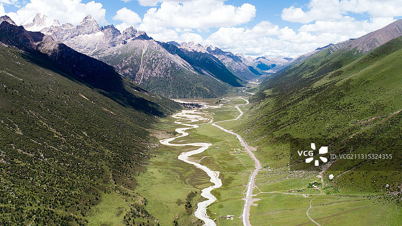 四川甘孜藏族自治州德格县川藏线玉隆拉错蜿蜒河流航拍（新路海）图片素材