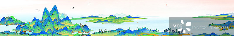 中国风山水全景插画图片素材
