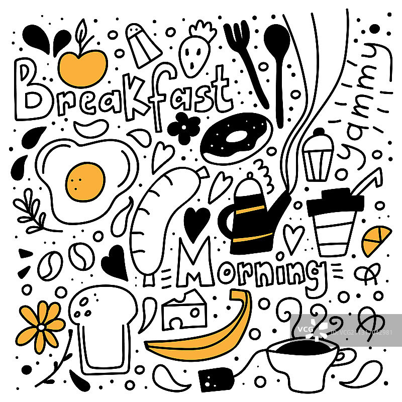 早餐涂鸦早餐食物与字母图片素材