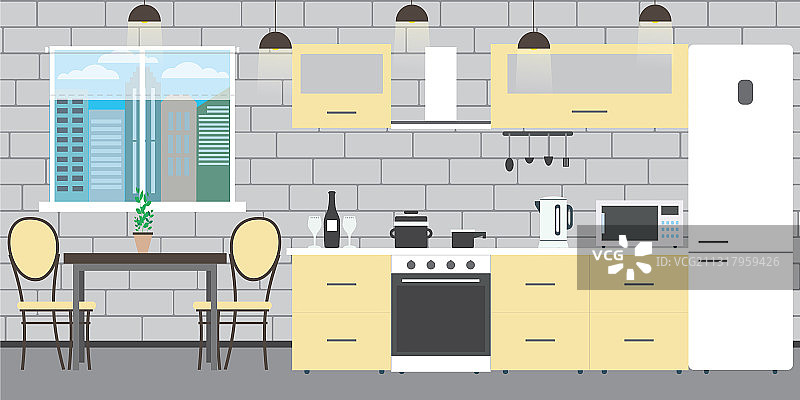 现代化的厨房内部，家具在一块砖上图片素材