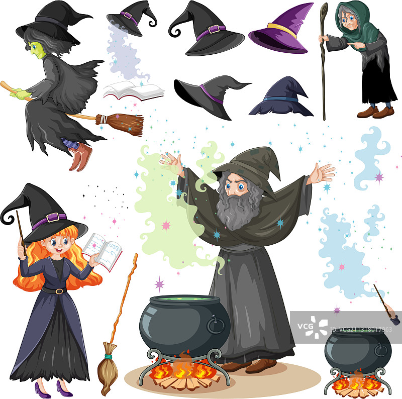 设置巫师或女巫和工具卡通风格图片素材